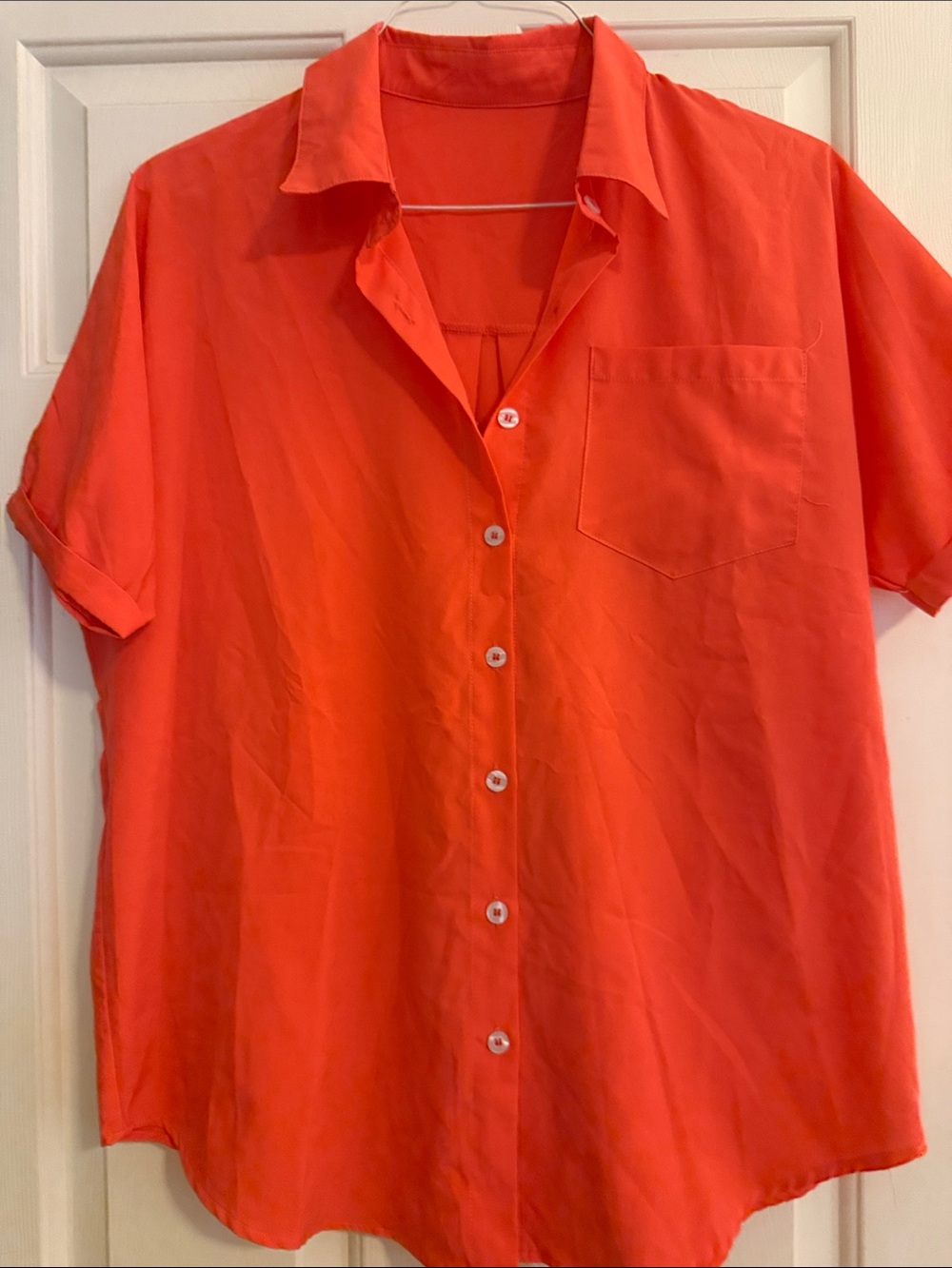 SHEIN Short-Sleeve Button Front Blouse in Bright Orange